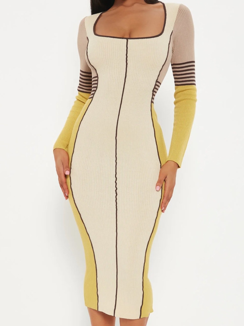 Colorblock Ribbed Square-Neck Midi Dress in Cream & Yellow